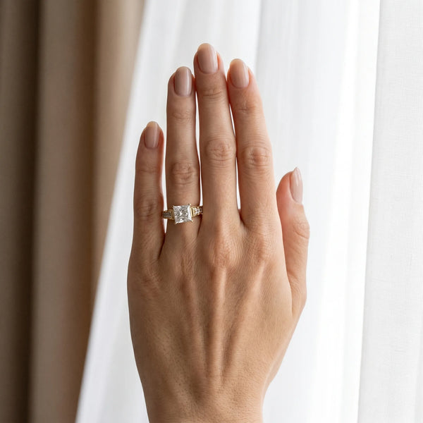 Yellow gold Princess Cut Diamond Classic Solitaire Ring with Pavé Band and Four-Prong Setting