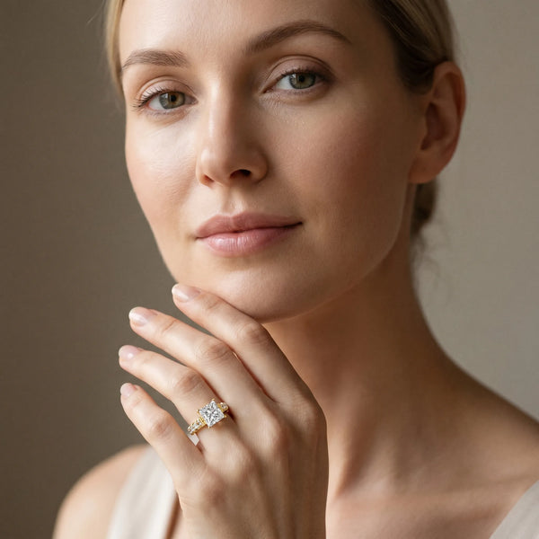 Yellow gold Princess Cut Diamond Classic Solitaire Ring with Pavé Band and Four-Prong Setting