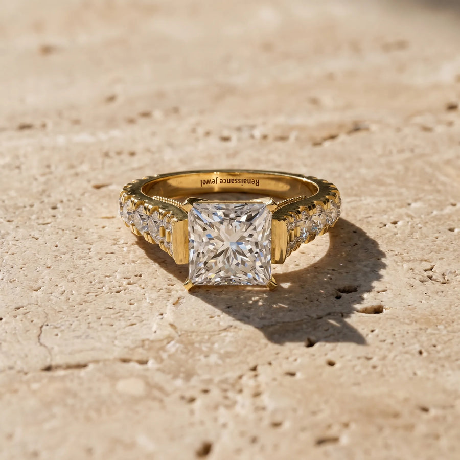 Yellow gold Princess Cut Diamond Classic Solitaire Ring with Pavé Band and Four-Prong Setting