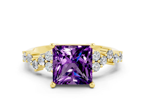 Yellow gold Princess Cut Amethyst Scattered Round Accent Ring with Prong Setting
