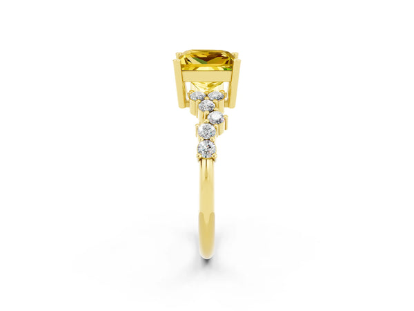 Yellow gold Princess Cut Yellow Sapphire Scattered Round Accent Ring with Prong Setting