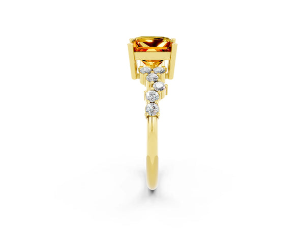 Yellow gold Princess Cut Citrine Scattered Round Accent Ring with Prong Setting