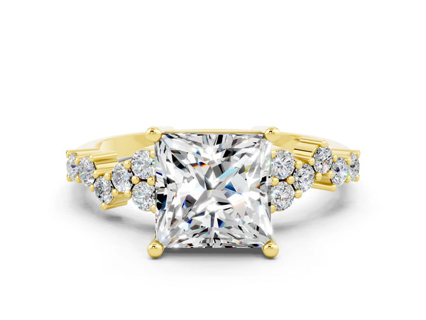 Yellow gold Princess Cut Moissanite Scattered Round Accent Ring with Prong Setting