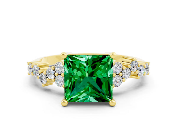 Yellow gold Princess Cut Emerald Scattered Round Accent Ring with Prong Setting