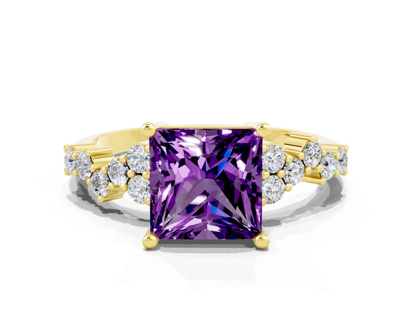 Yellow gold Princess Cut Amethyst Scattered Round Accent Ring with Prong Setting