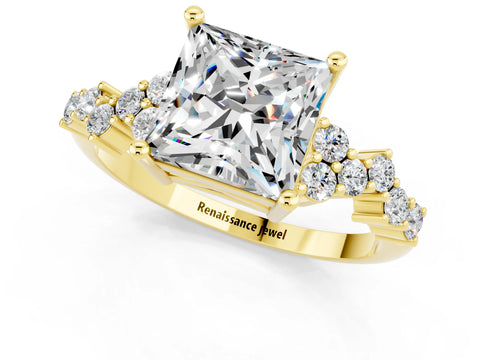 Yellow gold Princess Cut Diamond Cluster Pavé Band with Four-Prong Setting_12