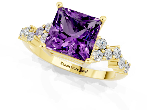 Yellow gold Princess Cut Amethyst Scattered Round Accent Ring with Prong Setting
