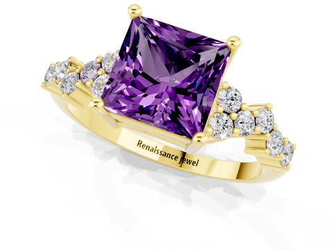 Yellow gold Princess Cut Diamond Cluster Pavé Band with Four-Prong Setting_13
