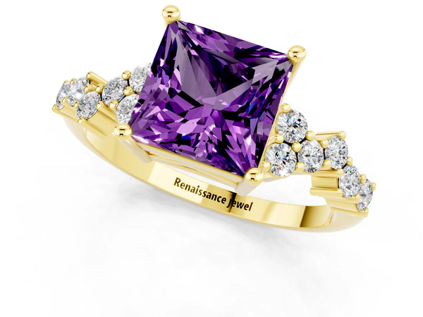 Yellow gold Princess Cut Amethyst Scattered Round Accent Ring with Prong Setting