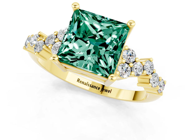 Yellow gold Princess Cut Green Sapphire Scattered Round Accent Ring with Prong Setting