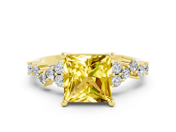 Yellow gold Princess Cut Yellow Sapphire Scattered Round Accent Ring with Prong Setting