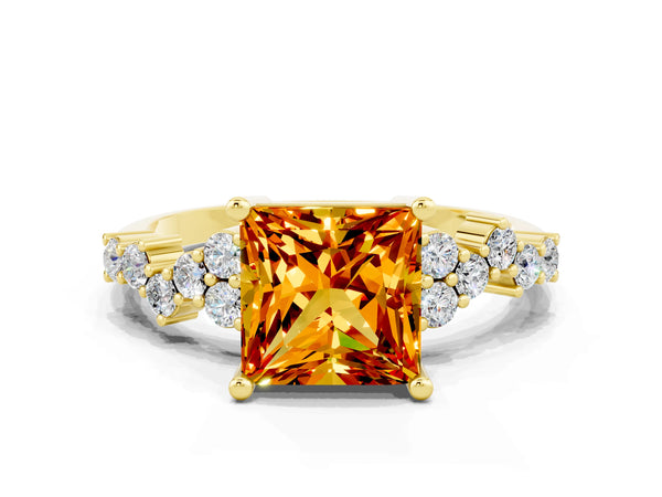 Yellow gold Princess Cut Citrine Scattered Round Accent Ring with Prong Setting