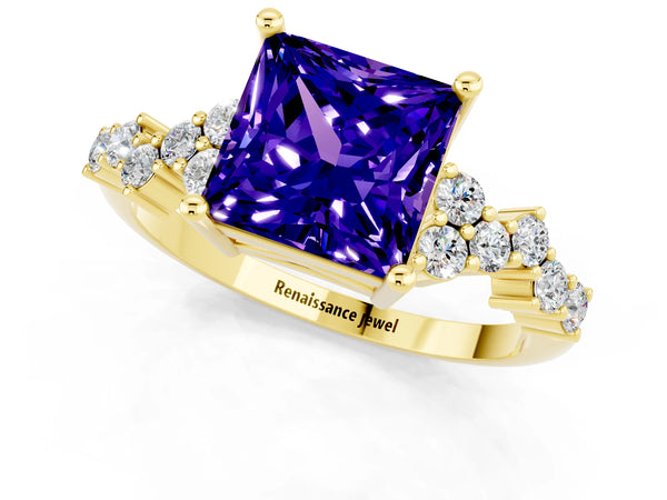 Yellow gold Princess Cut Tanzanite Scattered Round Accent Ring with Prong Setting