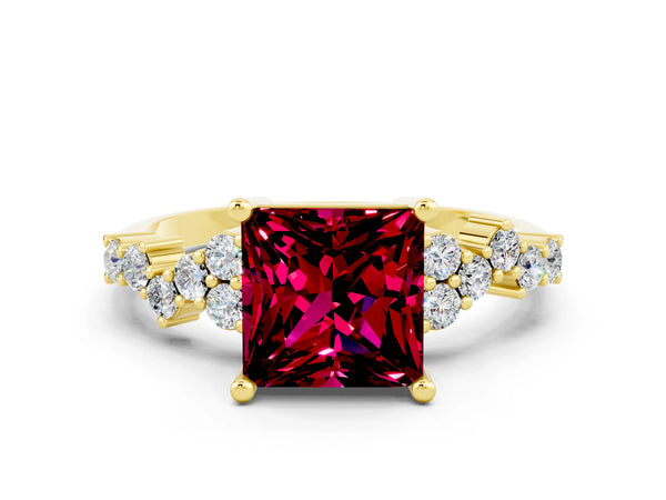 Yellow gold Princess Cut Garnet Scattered Round Accent Ring with Prong Setting