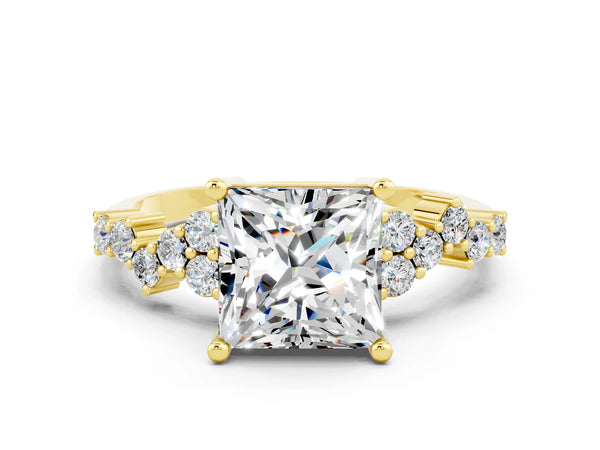 Yellow gold Princess Cut Moissanite Scattered Round Accent Ring with Prong Setting