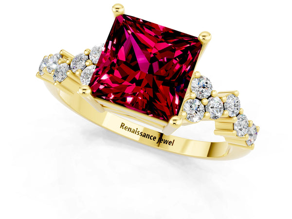 Yellow gold Princess Cut Garnet Scattered Round Accent Ring with Prong Setting