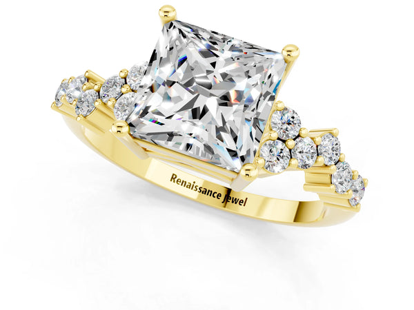 Yellow gold Princess Cut Moissanite Scattered Round Accent Ring with Prong Setting