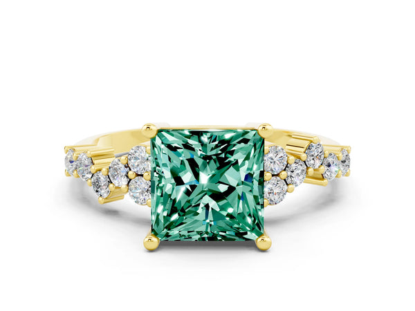 Yellow gold Princess Cut Green Sapphire Scattered Round Accent Ring with Prong Setting