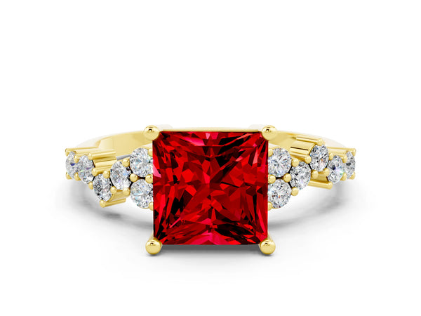 Yellow gold Princess Cut Ruby Scattered Round Accent Ring with Prong Setting