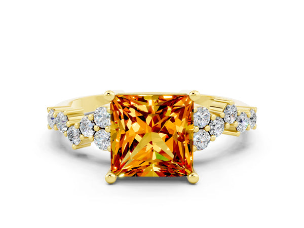 Yellow gold Princess Cut Citrine Scattered Round Accent Ring with Prong Setting