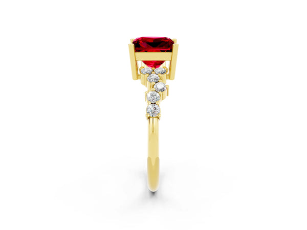 Yellow gold Princess Cut Ruby Scattered Round Accent Ring with Prong Setting