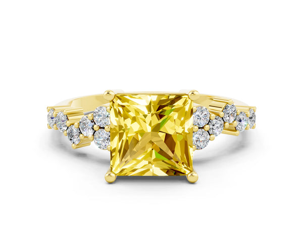 Yellow gold Princess Cut Yellow Sapphire Scattered Round Accent Ring with Prong Setting