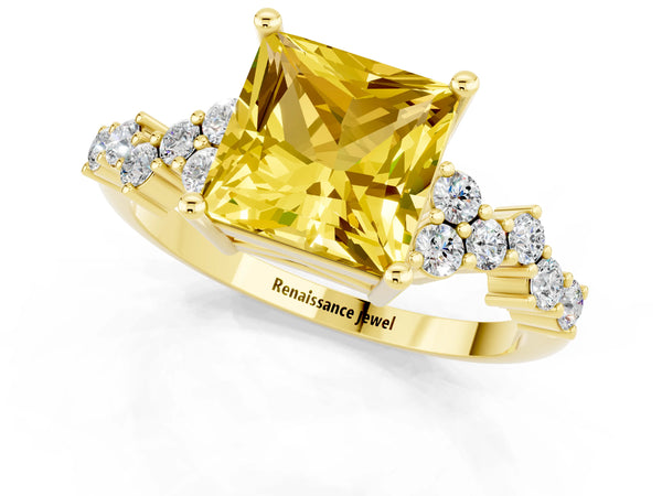 Yellow gold Princess Cut Yellow Sapphire Scattered Round Accent Ring with Prong Setting