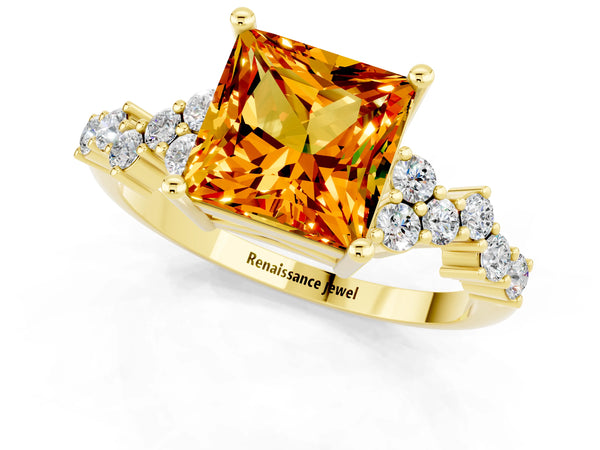 Yellow gold Princess Cut Citrine Scattered Round Accent Ring with Prong Setting
