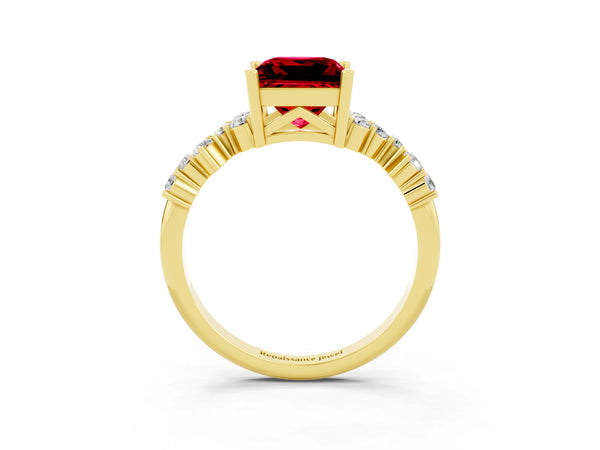 Yellow gold Princess Cut Ruby Scattered Round Accent Ring with Prong Setting