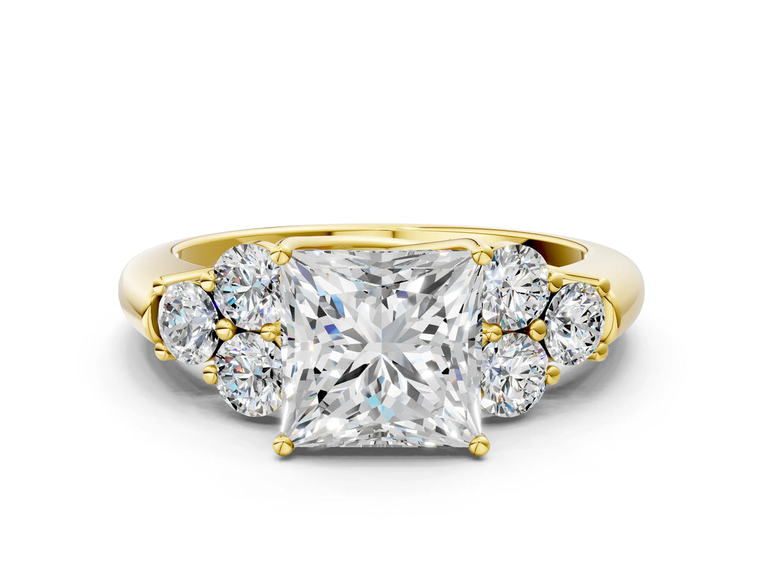 Yellow gold Princess Cut Diamond Cluster Ring with Round Accent Stones and Prong Setting on a Classic Band_61