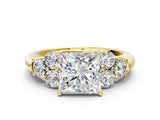 Yellow gold Princess Cut Diamond Cluster Ring with Round Accent Stones and Prong Setting on a Classic Band_61