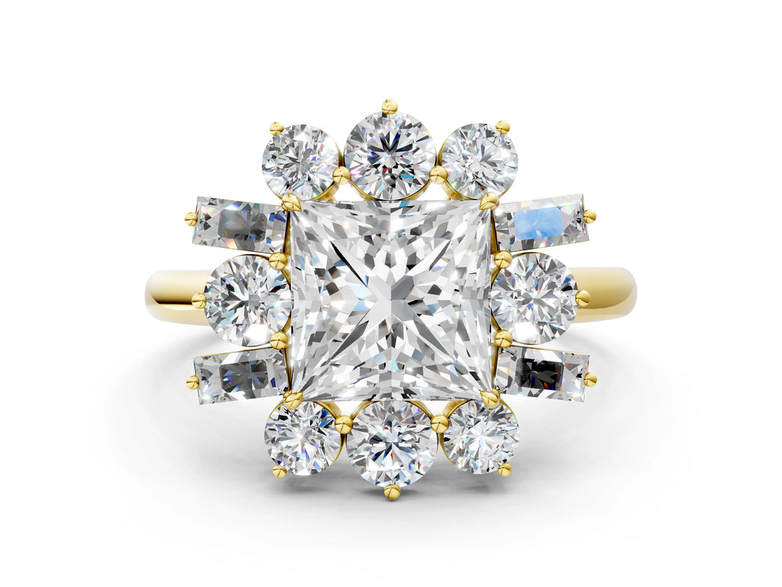 Yellow gold Princess Cut Diamond Cluster Ring with Round and Baguette Stones, Split Shank Band, Prong Setting_3