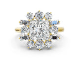 Yellow gold Princess Cut Diamond Cluster Ring with Round and Baguette Stones, Split Shank Band, Prong Setting_3