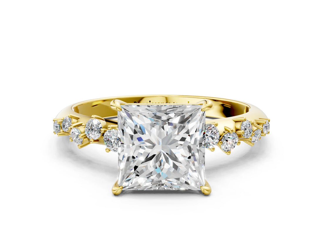 Yellow gold Princess Cut Diamond Cluster Side Stone Solitaire Ring with Prong Setting_60