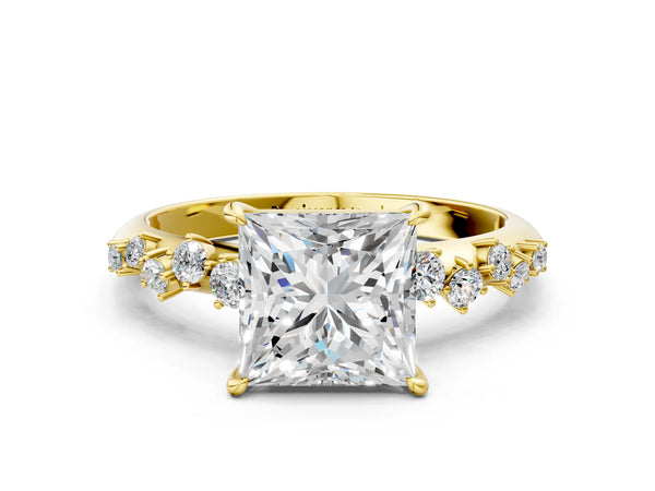 14K Yellow Gold 1.85 Carat D VS1 Princess Diamond Cluster Side Stone Solitaire Ring with Prong Setting