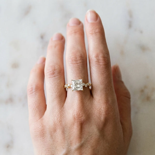 14K Yellow Gold 1.85 Carat D VS1 Princess Diamond Cluster Side Stone Solitaire Ring with Prong Setting