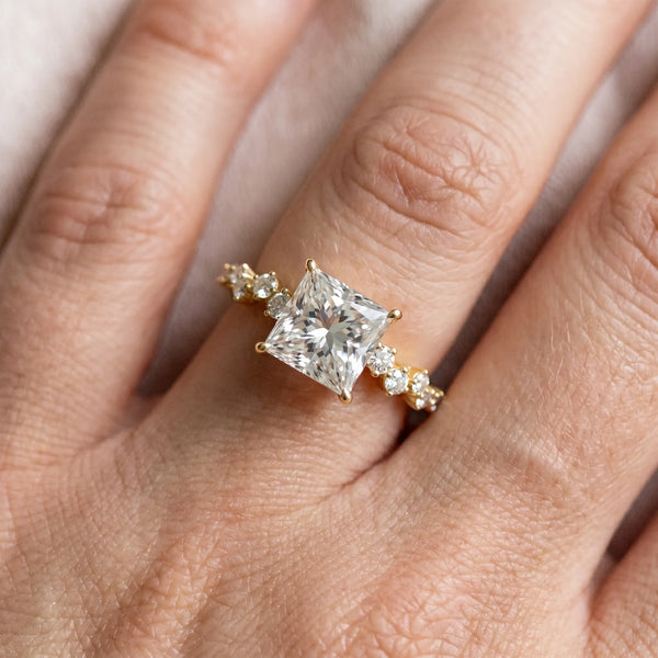 14K Yellow Gold 1.85 Carat D VS1 Princess Diamond Cluster Side Stone Solitaire Ring with Prong Setting