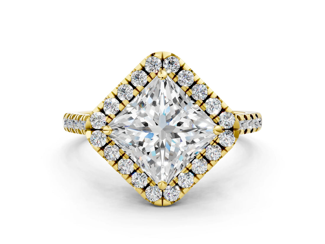 Yellow gold Princess Cut Diamond Cushion Halo Ring with Pavé Band_15