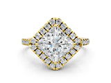 Yellow gold Princess Cut Diamond Cushion Halo Ring with Pavé Band_15