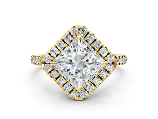 Yellow gold Princess Cut Diamond Cushion Halo Ring with Pavé Band