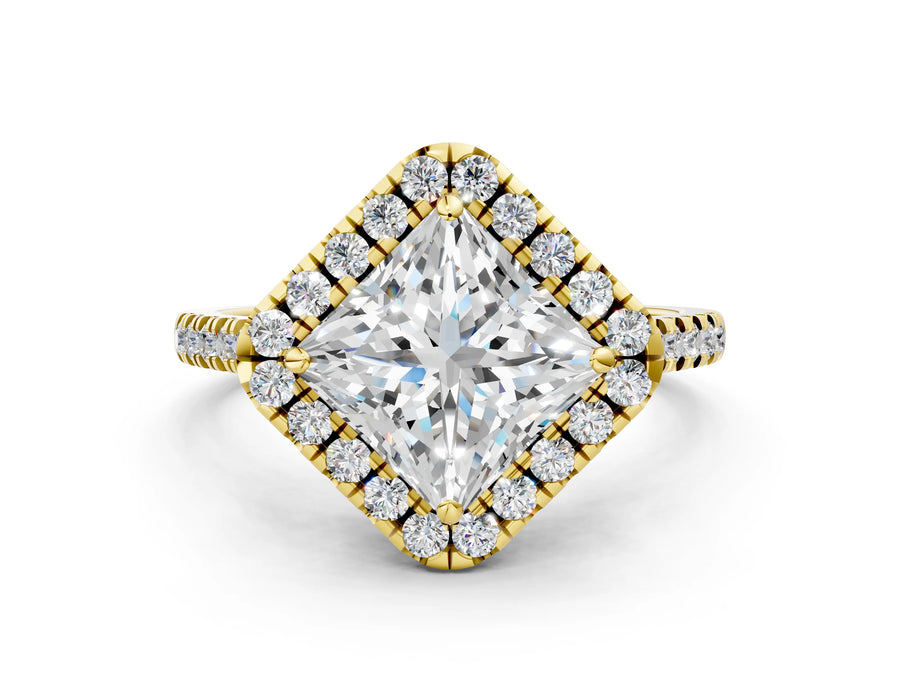 Yellow gold Princess Cut Diamond Cushion Halo Ring with Pavé Band