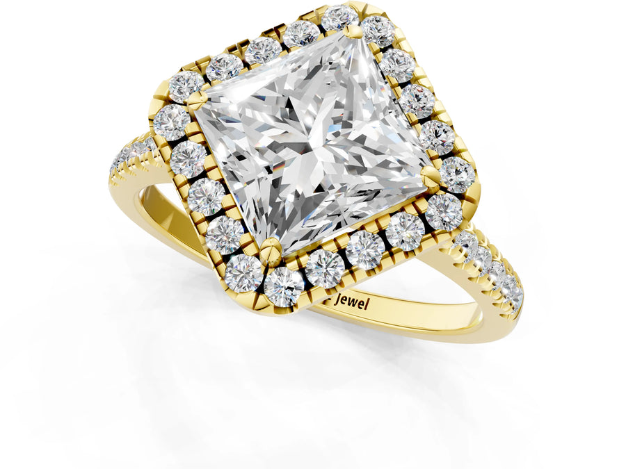 Yellow gold Princess Cut Diamond Cushion Halo Ring with Pavé Band