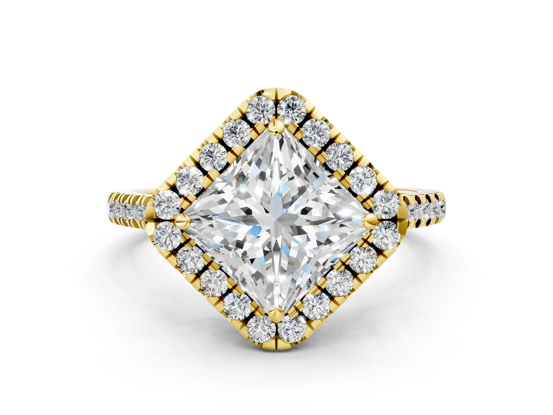 Yellow gold Princess Cut Diamond Cushion Halo Ring with Pavé Band_3