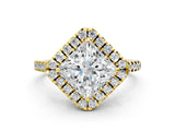 Yellow gold Princess Cut Diamond Cushion Halo Ring with Pavé Band_3