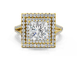 Yellow gold Princess Cut Diamond Double Halo Ring with Pavé Band and Prong Setting_97