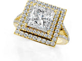 Yellow gold Princess Cut Diamond Double Halo Ring with Pavé Band and Prong Setting_98