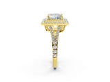 Yellow gold Princess Cut Diamond Double Halo Ring with Pavé Band and Prong Setting_99