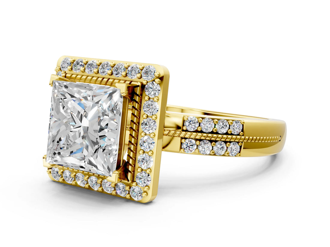 Yellow gold Princess Cut Diamond Double Halo Ring with Split Shank and Four-Prong Setting_3