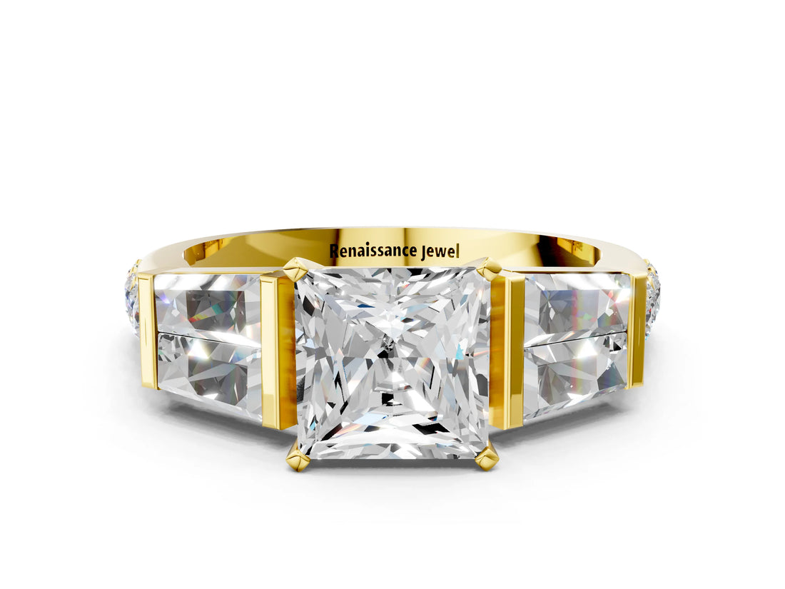 Yellow gold Princess Cut Diamond Engagement Ring with Baguette Side Stones and Channel Set Band_43