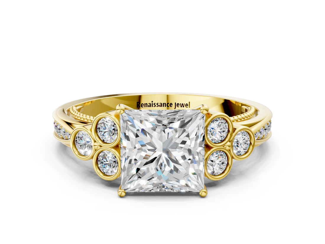 Yellow gold Princess Cut Diamond Engagement Ring with Bezel Set Round Side Stones and Prong Setting_61